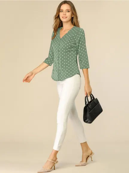 Allegra K- Polka Dots 3/4 Sleeve Button Front Blouse