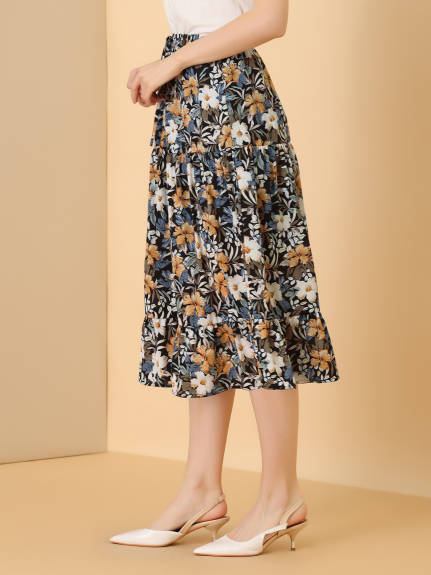 Allegra K- Floral Sunflower Tiered Chiffon A-Line Skirt