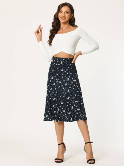 Allegra K- Elastic Waist A-Line Midi Leave Print Skirt