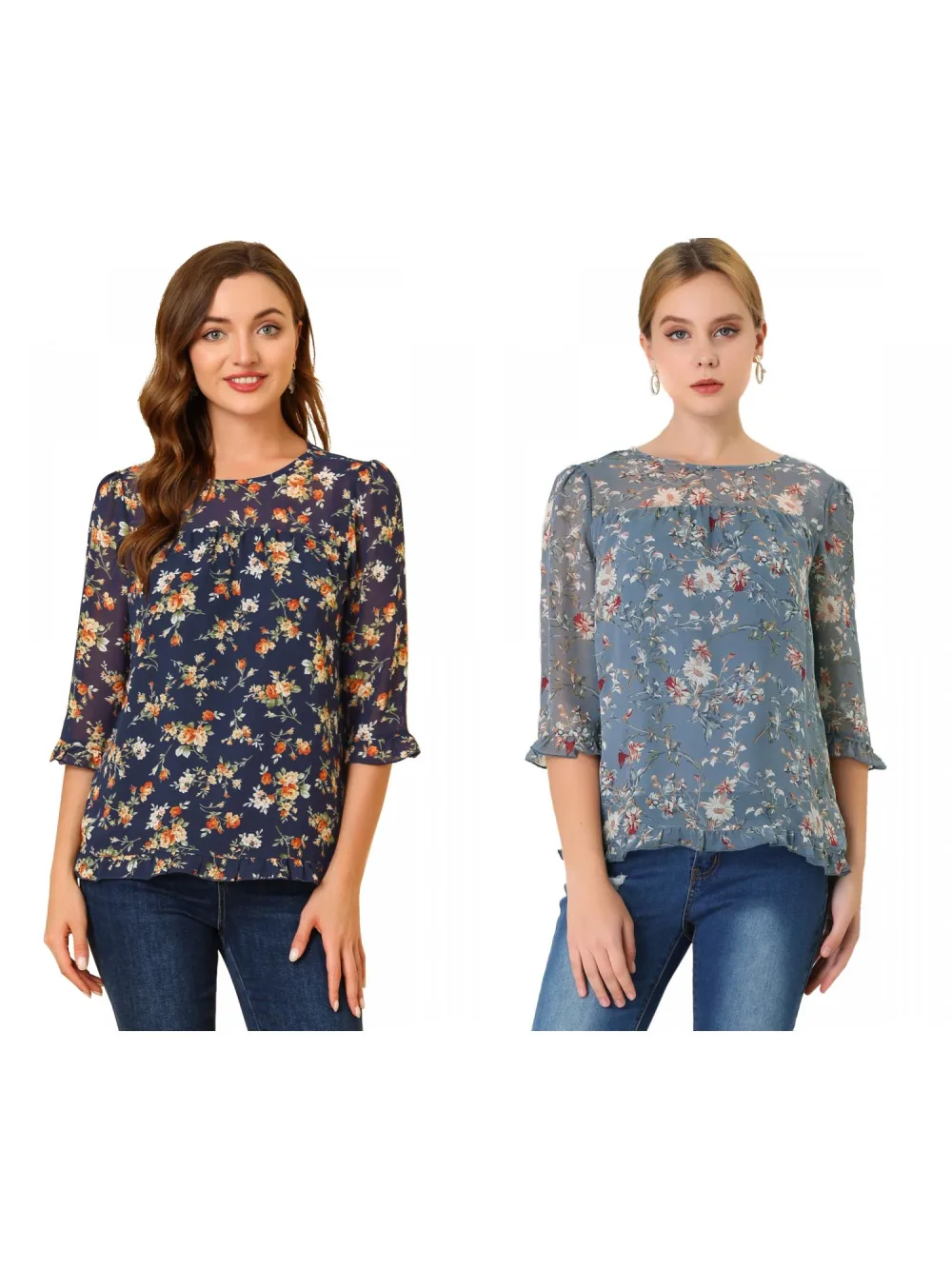 Allegra K- Blouse florale en mousseline à manches 3/4 et à volants