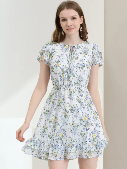 Allegra K- Ruffle Sleeve Self-Tie V Neck A-Line Floral Chiffon Dress