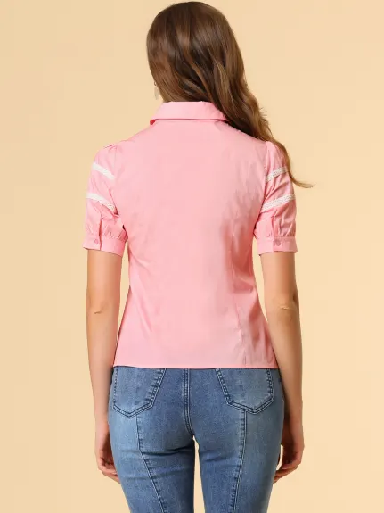 Allegra K - Button Up Shirt Pleated Puff Sleeve Blouse