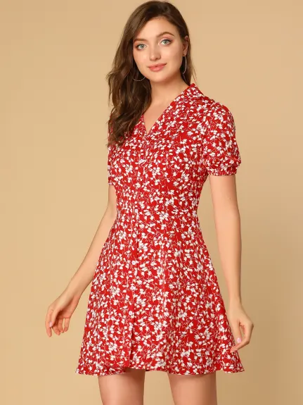 Allegra K- Short Sleeve Vintage Floral A-Line Shirt Dress