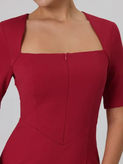 Hobemty- Square Neck Zip Up Short Sleeve Sheath Pencil Dress