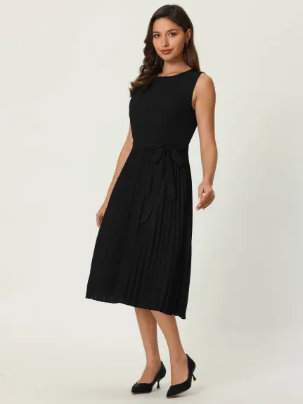 Hobemty- Sleeveless Pleated Tie Waist Dress