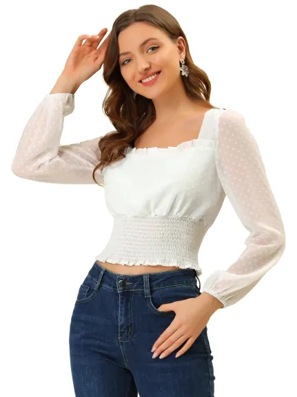 Allegra K - Mesh Sleeve Swiss Dot Smocked Crop Top