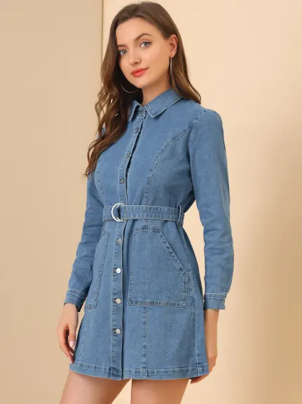 Allegra K- Long Sleeves Belted Denim Shirt Dress