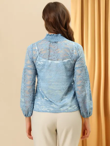 Allegra K- Blouse transparente en dentelle florale à col montant et volants