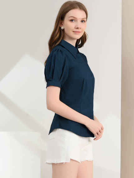 Allegra K- Puff Sleeve Collared Cotton Shirt