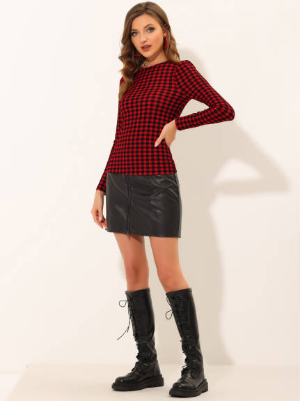 Allegra K- Puff Sleeve Knit Plaid Pullover Top