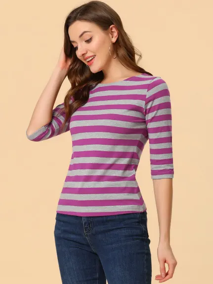 Allegra K- Boat Neck Elbow Sleeve Slim Fit Stripe T-Shirt