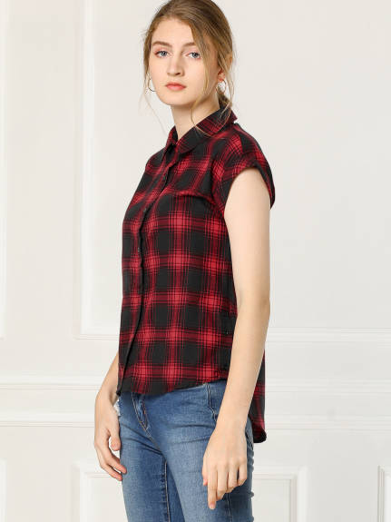 Allegra K- Plaid Short Sleeve Button Down Shirt