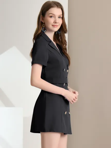 Allegra K- Lapel Collar Double Breasted Short Sleeve Mini Blazer Dress