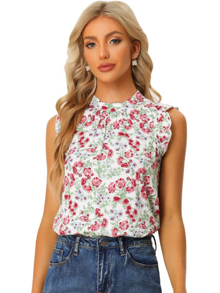 Allegra K - Casual Stand Collar Sleeveless Summer Floral Top