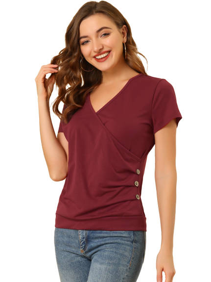 Allegra K - Wrap V Neck Short Sleeve Ruched Top