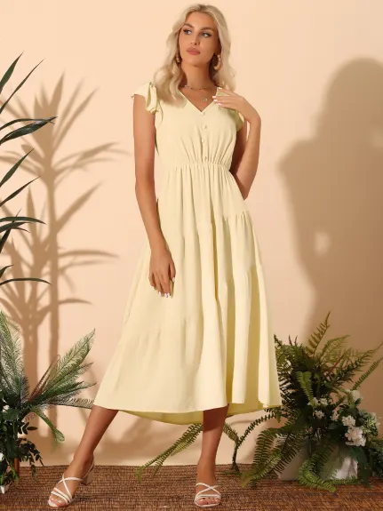 Allegra K- V Neck Short Sleeve Tiered Maxi Dress