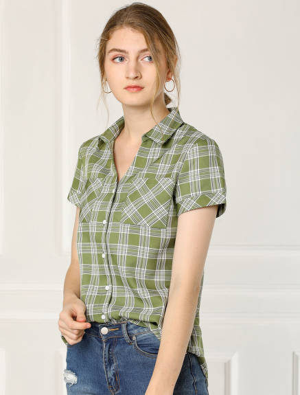 Allegra K- Cotton Short Sleeves Plaid Shirts