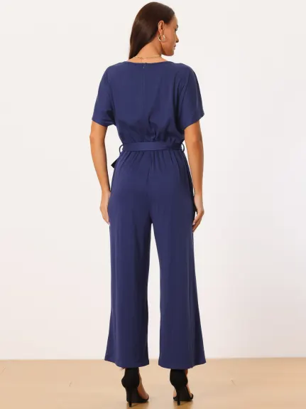 Allegra K - Crewneck Short Sleeve Belted Casual Jumpsuit