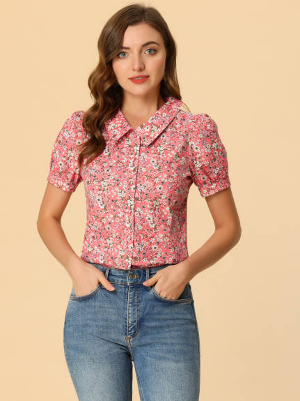 Allegra K- Puff Sleeve Turndown Collar Floral Blouse