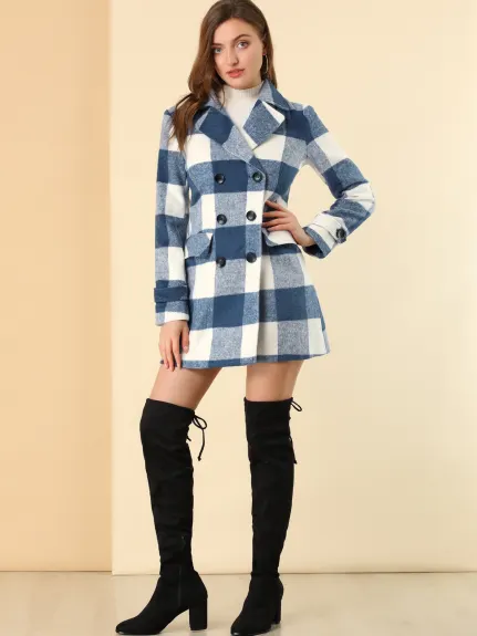 Allegra K- Notched Lapel Double Breasted Plaid Overcoat