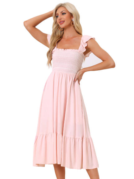 Allegra K- Square Neck Boho Sleeveless Ruffle Tiered Midi Dress