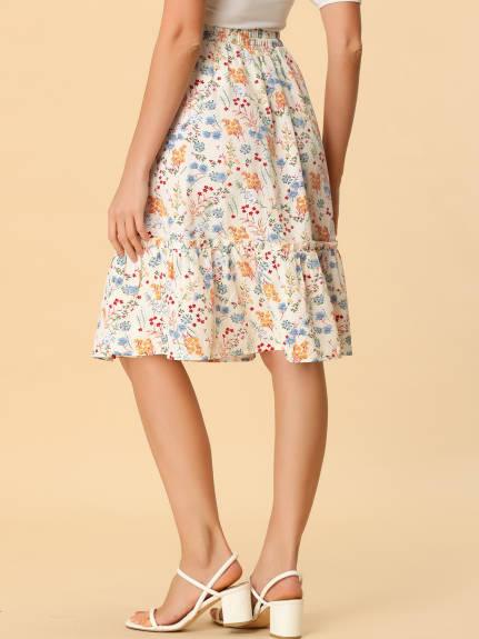 Allegra K- Ruffle Hem Tiered A-Line Floral Midi Skirt