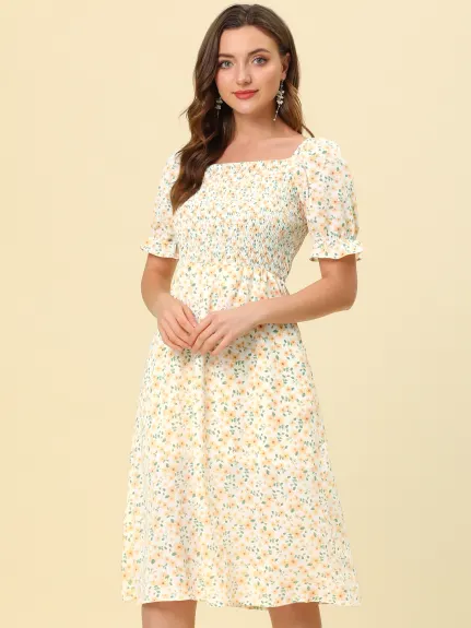 Allegra K- Square Neck Puff Sleeves Midi Smocked Floral Dress