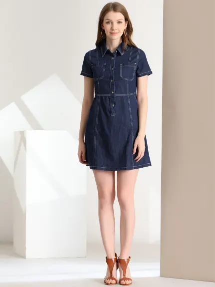 Allegra K- Denim Collared Short Sleeve Summer Dress