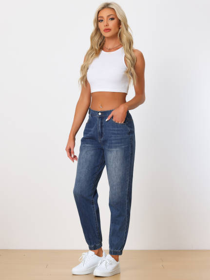 Allegra K - Casual Elastic Waist Denim Jean Joggers