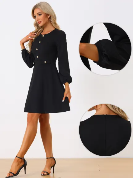 Allegra K- Button Decor A-Line Long Sleeve Dress