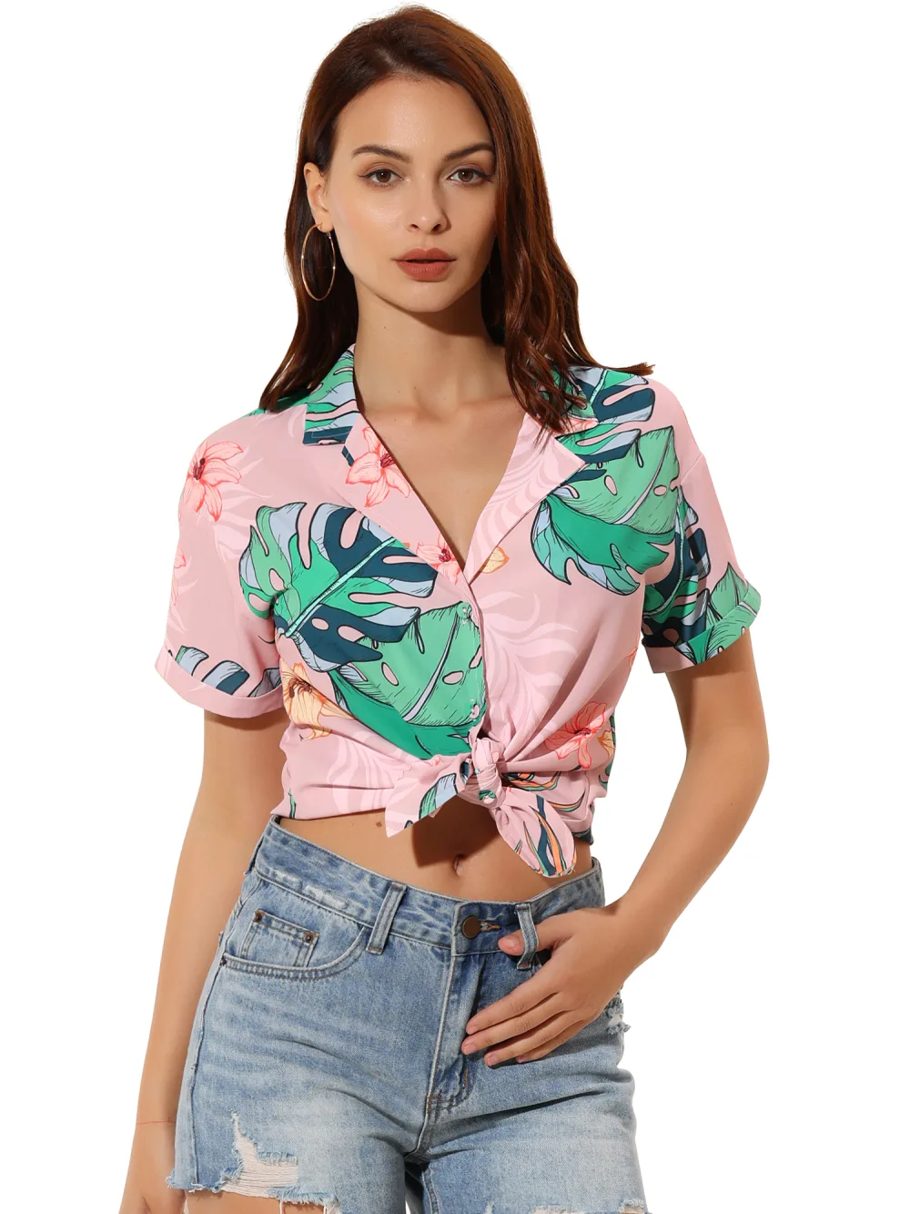 Allegra K- Beach Tropical Floral Leaves Button Down Shirt