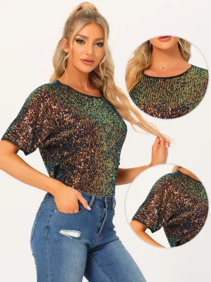 Allegra K- Round Neck Short Sleeve Sequin Top