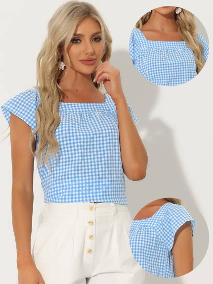 Allegra K- Square Neck Gingham Cap Sleeve Blouse