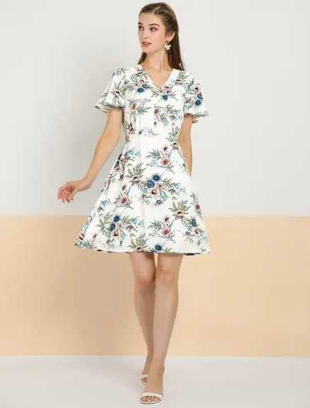 Allegra K- Floral Short Sleeves A-Line Dress