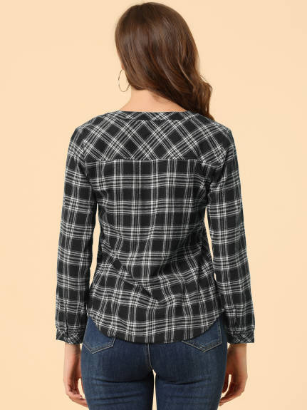 Allegra K- Plaid V Neck Long Sleeve Blouse Shirt