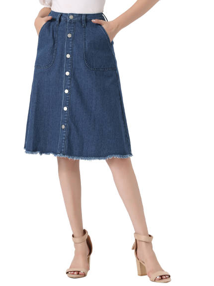 Allegra K- Raw Hem Button Down Denim Skirt