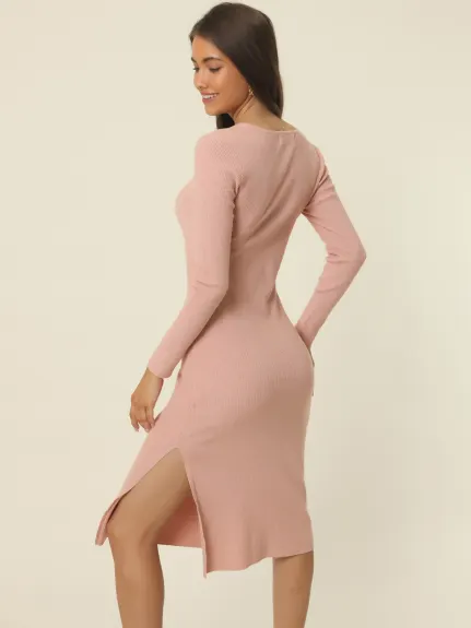 Allegra K- Sweetheart Neck Ruched Drawstring Side Slit Knit Bodycon Sweater Dress