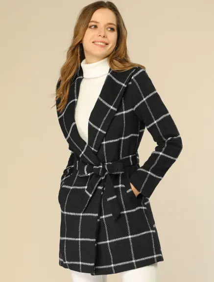 Allegra K- Manteau d'hiver portefeuille ceinturé à col châle et carreaux