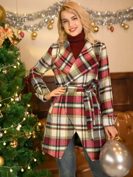 Allegra K- Shawl Collar Belted Asymmetrical Hem Plaid Coat