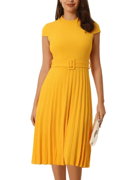 Hobemty- Mock Neck Belted A-Line Pleated Dress