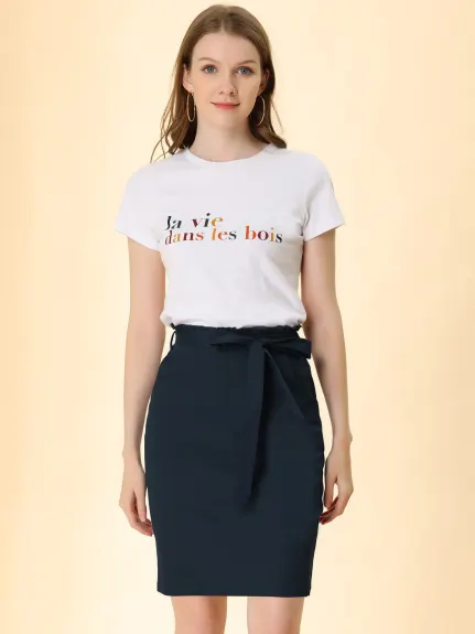 Allegra K- Elastic Waist Side Pockets Cotton Pencil Skirt