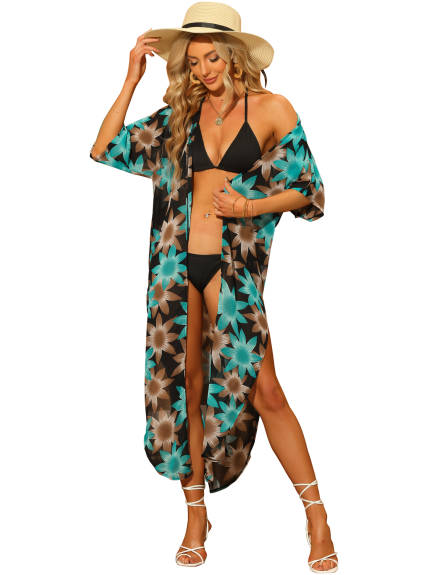 Allegra K- Swimsuit Cover Up Cardigan Flowy Long Boho Chiffon Kimono