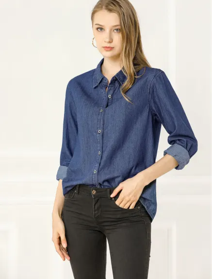 Allegra K- Chemise en jean boutonnée à manches longues