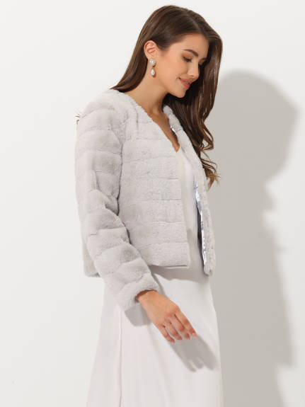 Allegra K- Cropped Collarless Faux Fur Fluffy Coat Jacket