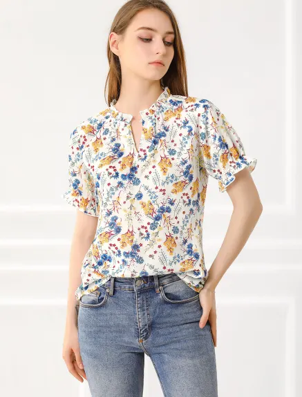 Allegra K- Floral Short Sleeve Ruffle Neck Blouse