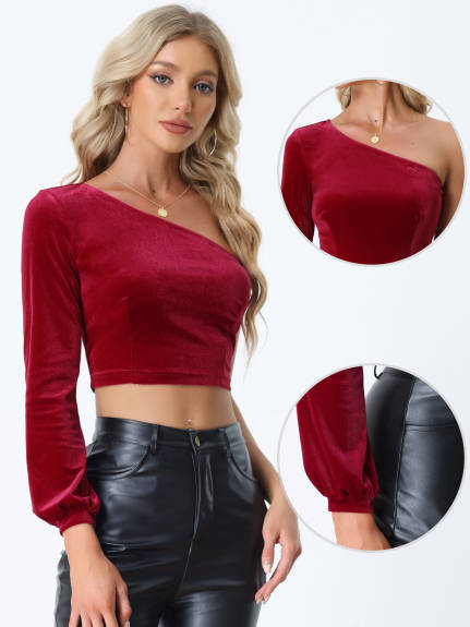 Allegra K- Cut Out One Shoulder Velvet Crop Top