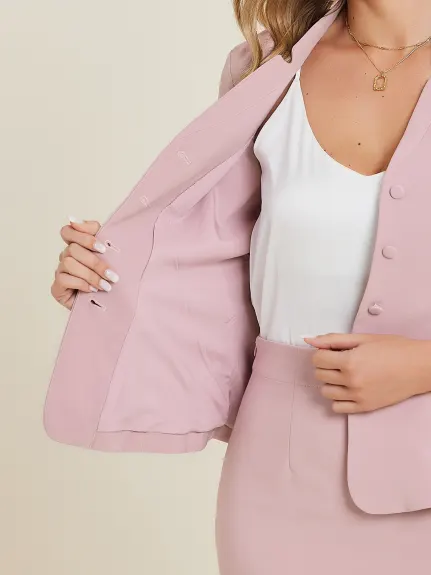 Allegra K - Notched Collar Blazer Midi Pencil Skirt Suit