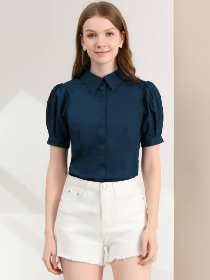 Allegra K- Puff Sleeve Collared Cotton Shirt