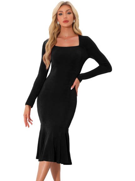 Allegra K - Square Neck Long Sleeve Bodycon Midi Dress