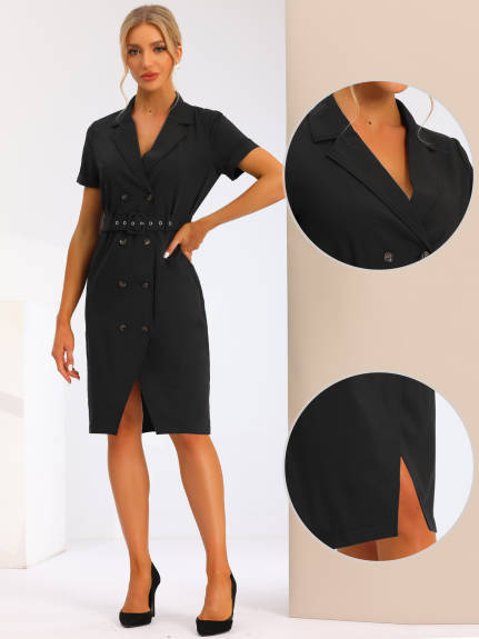 Allegra K- Short Sleeve Double Breasted Belted Blazer Dress